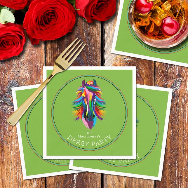 Grönten Colorous Racehorse Derby Party Pappersservett (Colorful racehorse on green Derby party cocktail napkins)