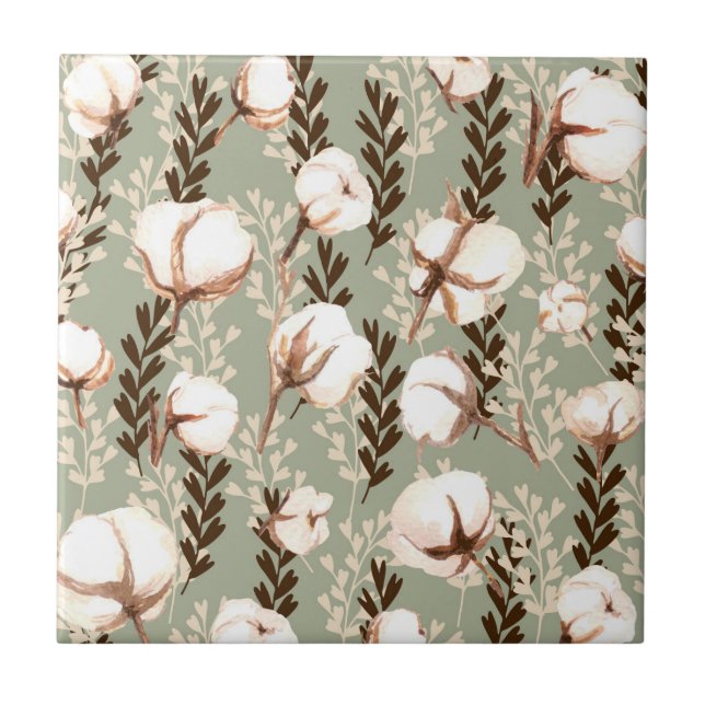 Grönten Cotton Plant Mönster Kakelplatta (Framsidan)