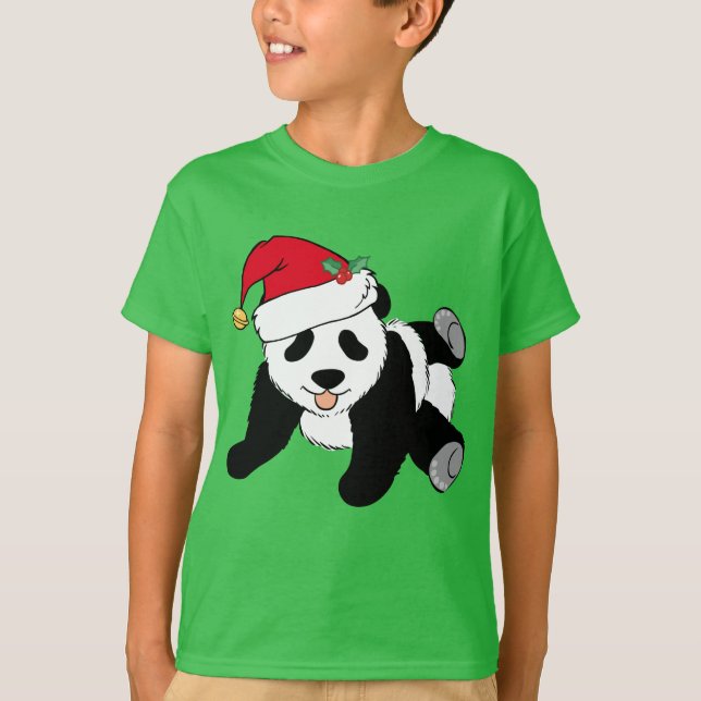 Grönten Cute Jul Panda Bear i Santa Hat Kids T Shirt (Framsida)