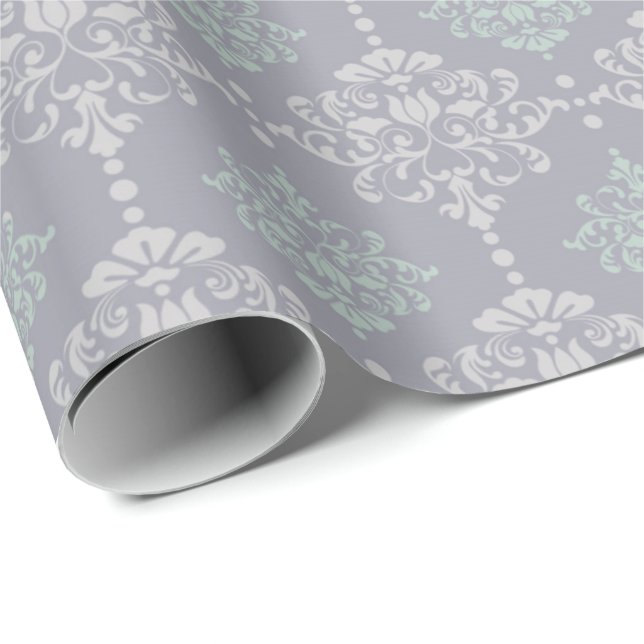 Grönten Damask Mint Pastel Grått Grått Fintvätt Presentpapper (Rullad Hörn)