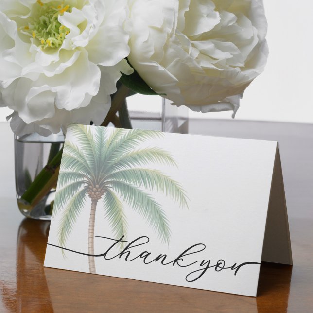 Grönten Destinationsbröllop för handflatan Träd Tack Kort (Palm Tree Island Destination Wedding Green Thank You Card)