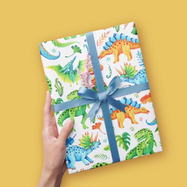 Grönten Dinosaur Mönster, Orange, blå Presentpapper (Watercolor Dinosaurs Green, Orange, Blue Wrapping Paper)