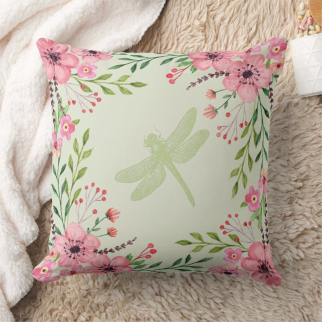 Grönten Dragonfly, rosa Paediatric Flowers  Kudde (Filt)