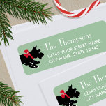 Grönten Editable Adress Returadress Etikett<br><div class="desc">Lägg till lite vismisk charm till julhelgen med dessa söta returetiketter. En redigerbar mall, personlig med ditt namn och adress, perfekt för julkort och gåvor. Den här festliga designen har originalteckningar av en skotsk hund som bär en röd båge, när han stjäl längs snö! Färg: grönt, svart, röd och vit....</div>