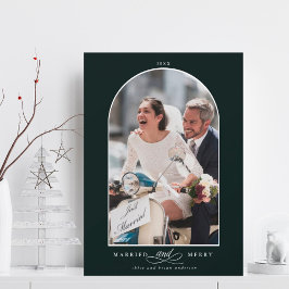 Grönten elegant Arch är gift och Merry Photo Deep Julkort
