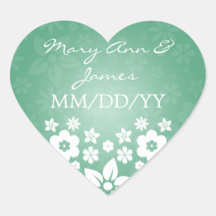 Grönten elegant bröllop Date Flowery Heart Mint Hjärtformat Klistermärke
