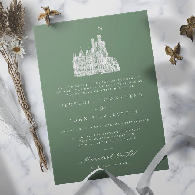 Grönten elegant för illustration av punktdiagram - inbjudningar (Sage green formal wedding invitation with an illustration of a castle)