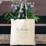Grönten elegant Välkomsthälsa Bröllop gästfavorite Tygkasse<br><div class="desc">Elegant, klassisk gästväska i bröllop har en chic som är utformad i rustisk grönt på en genomskinlig bakgrund som visar det naturliga bakgrundsmaterialet & färg. Denna moderna enkla design ger tidlös, klassisk sofistikering. Anpassa namn för paret och händelsemedatumet i elegantens grönt och skript. Det här är en perfekt som medföljer...</div>