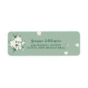 Grönten elegant - vita blommor -  - bakgrund returadress etikett
