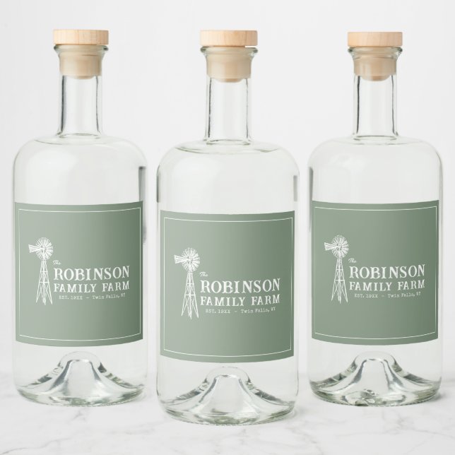 Grönten Family Namn Farm Rustic Kvarn Sage Spritflaskor Etikett (Flaskor)
