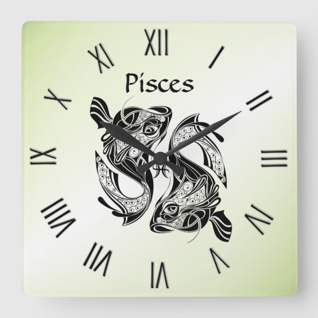 Grönten Fisk Zodiac Clock romerska siffror Fyrkantig Klocka (Framsida)