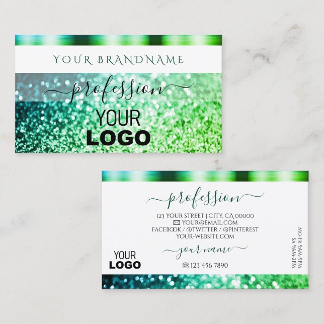 Grönten Flashy White Teal Glitter och Logotyp Visitkort (Fram/baksida)