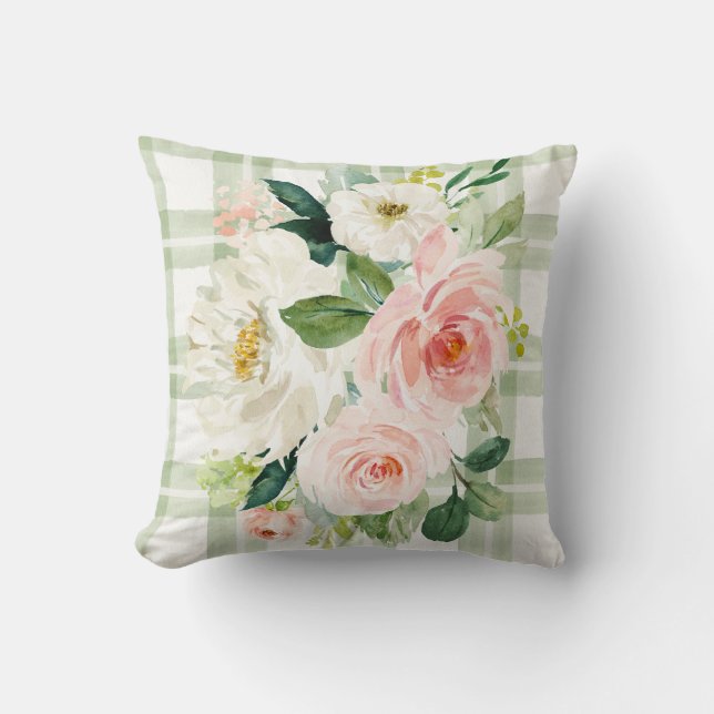 Grönten för bebyggelseslag Vit Plaid Blommigt Vår Kudde (Framsida)