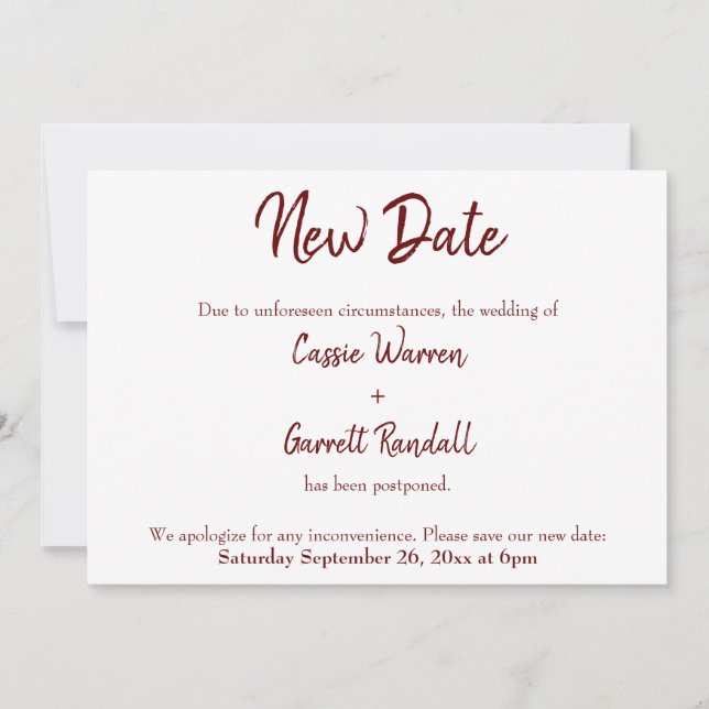 Grönten för Burgundy-meddelande om nya Bröllop-dat Inbjudningar (Framsida)