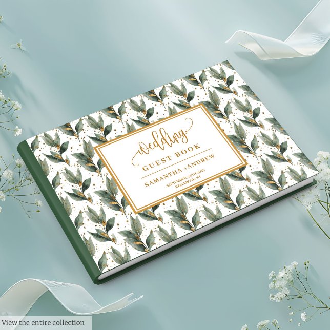 Grönten för raffinerad skog löven guld bröllop öns gästböcker (Refined forest green leaves gold wedding wishes guest book)