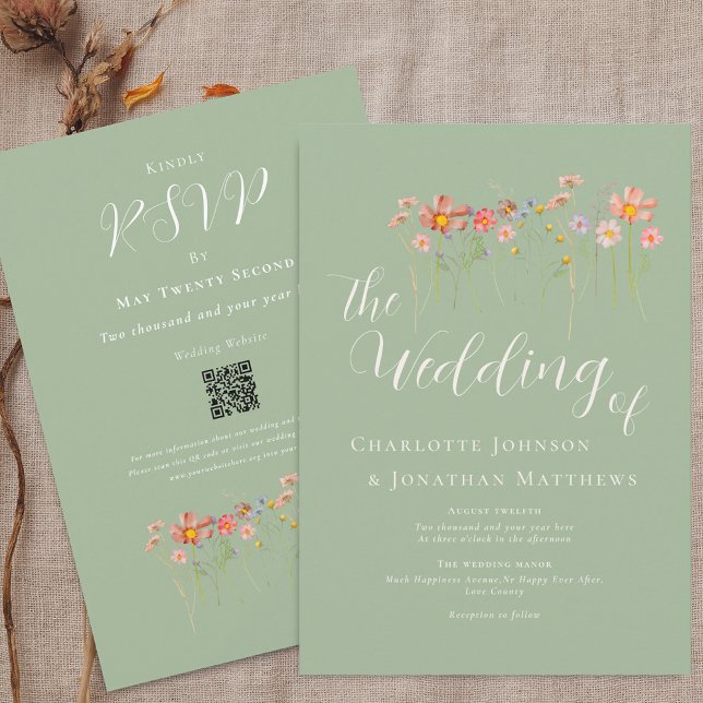 Grönten för Wildblomsallat QR-koden Bröllop Inbjudningar (Boho fall Wildflower meadow sage green Wedding qr code invitation Elegant script modern watercolor)