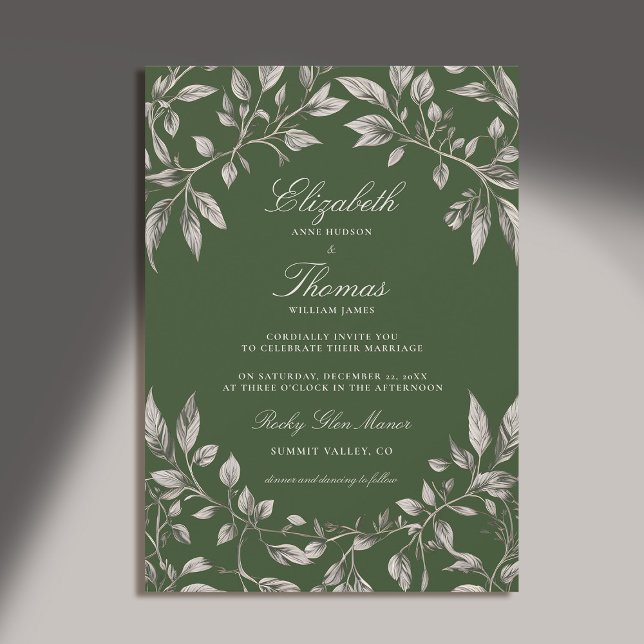 Grönten Forest Foliage Ram Modern Classic Bröllop Inbjudningar (forest wedding invitation botanical frame elegant classic modern calligraphy earthy brown green)