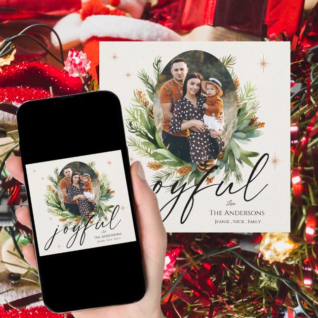 Grönten Foton i flera familjer Löv Glatt jul Julkort (Multi Family Photos Green Leaves Joyful Christmas Holiday Card)