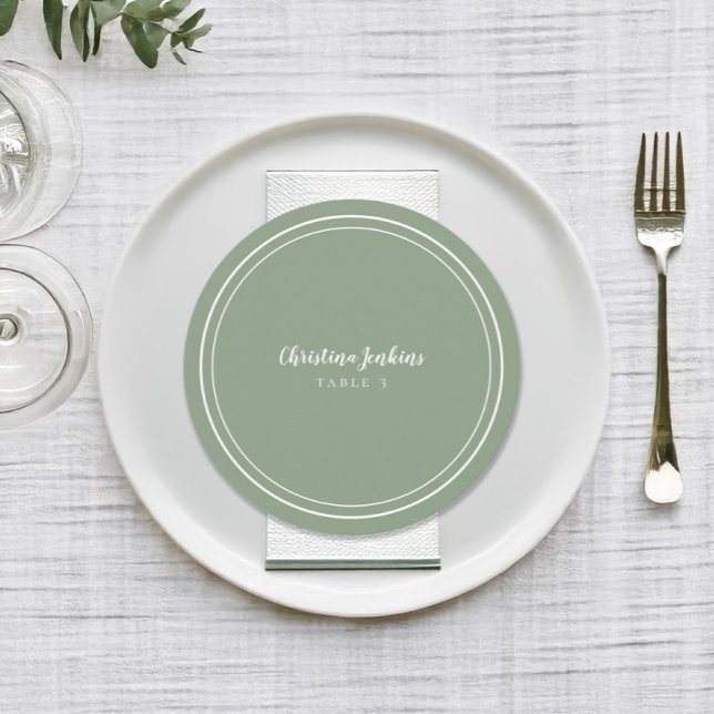 Grönten Gästresa för Bröllop-rundan, Anpassningsba (Wedding Round Custom Guest Sage Green Place Card)