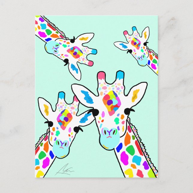 Grönten Giraffe Family Hand-Paected Art Mint Vykort (Framsida)