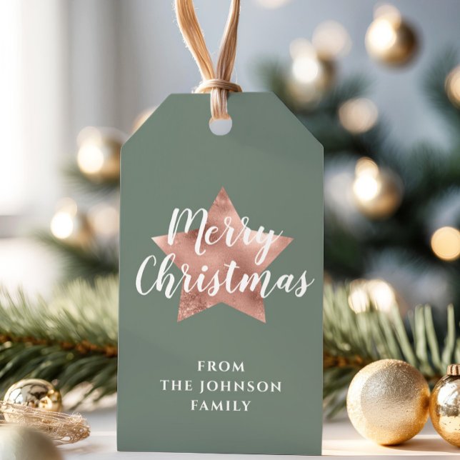 Grönten god jul Ro Guld Star Sage  Presentetikett (Merry Christmas Rose Gold Star Sage Green Gift Tags)