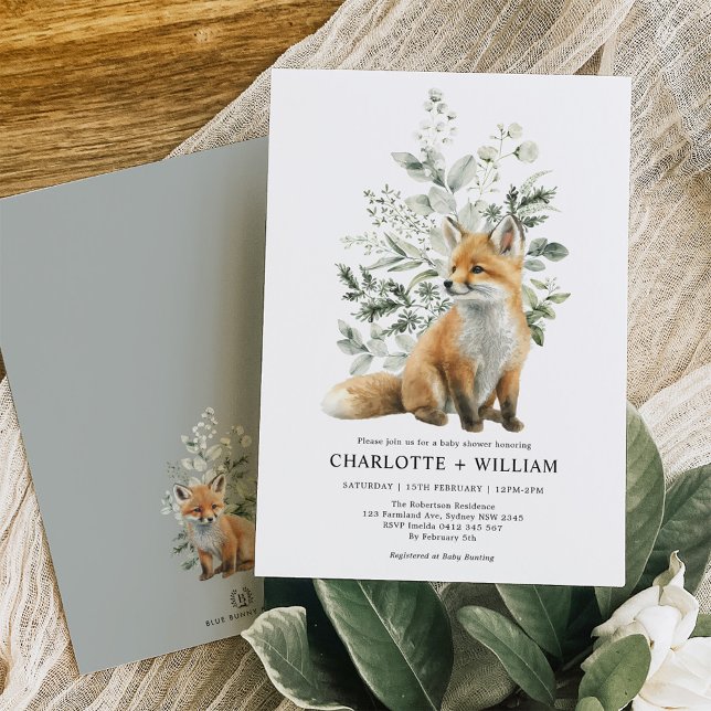 Grönten Greenery Baby Shower för minimalistisk Fox Inbjudningar (Skapare uppladdad)