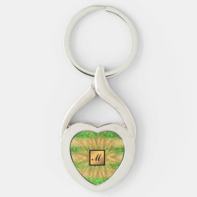 Grönten Guld Glitter i  Monogrammed Gift Twisted Heart Silverfärgad Nyckelring (Framsidan)