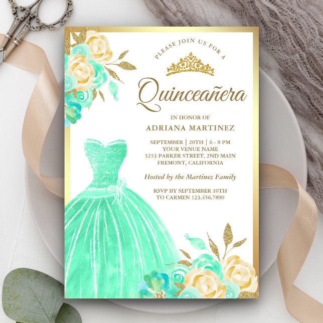 Grönten Guld Quinceanera Blommigt Gown Mint Inbjudningar (Skapare uppladdad)