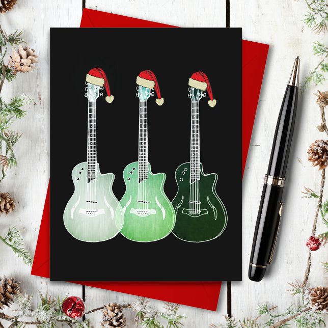 Grönten Jul Guitar Santa Helg Vykort (Christmas guitars wearing Santa hats simple illustration on black holiday greetings postcard)