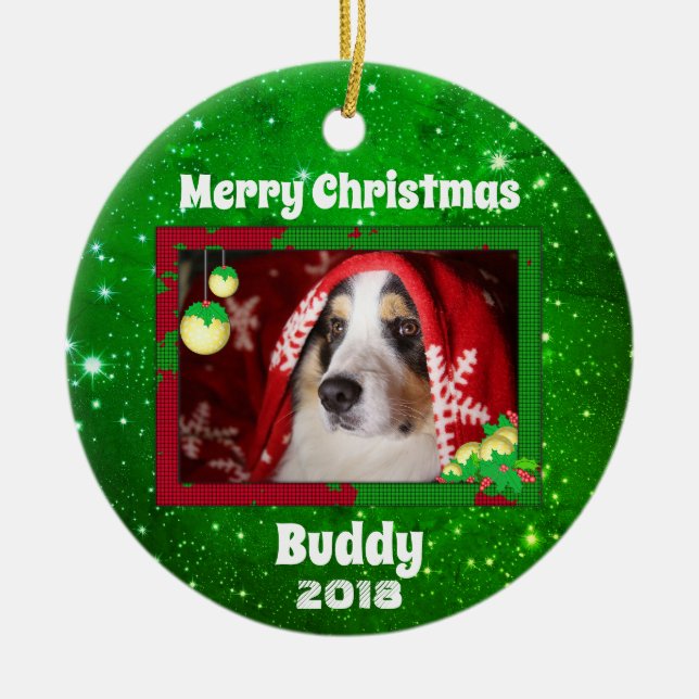 Grönten Jul Hund Pet Photo Namn Year Julgransprydnad Keramik (Framsidan)