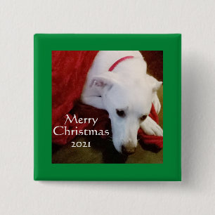 Grönten Jul på Cute Snowy White Puppy Hund Square Knapp