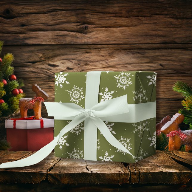 Grönten jul Snöflingor under vintern Presentpapper (Christmas Snowflakes Green winter Wrapping Paper)