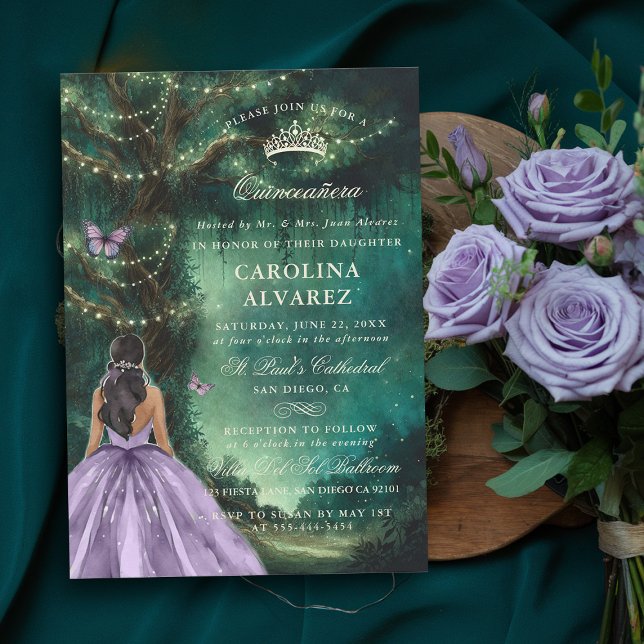 Grönten Lavender Quinceanera (Träd) Inbjudningar (enchanted forest quinceanera invitation emerald green lavender pink formal elegant quince)