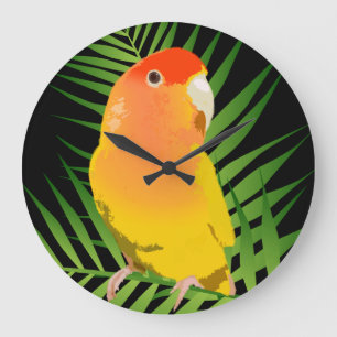 Grönten Lovebird Parrot i Guld på Black Stor Klocka