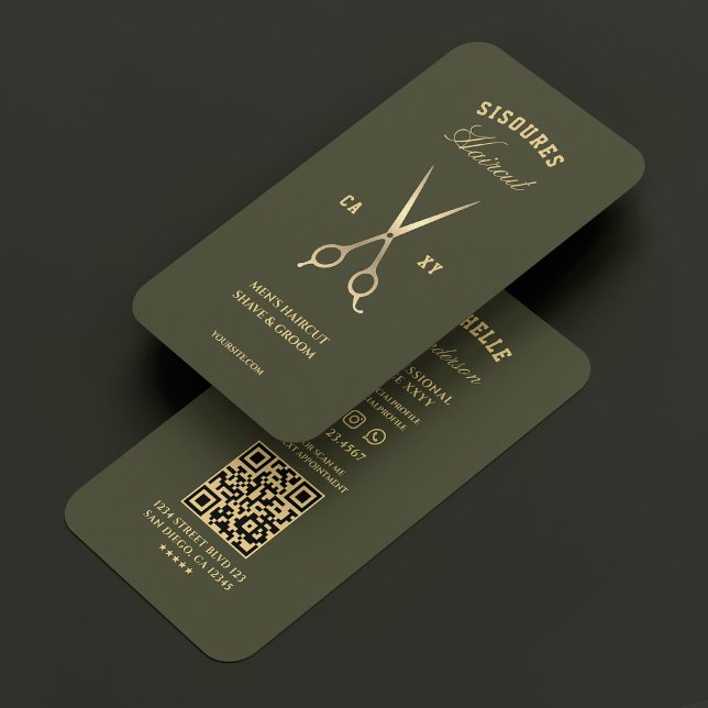 Grönten Luxe i Barbershop Guld Barber Scissors Arm Visitkort (Barbershop Gold Barber Scissors Army Green Luxe Business Card
)
