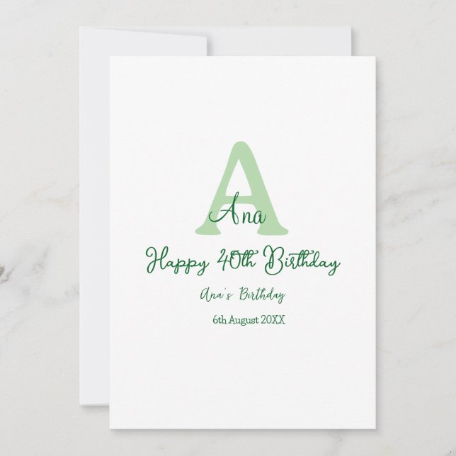 grönten Lycklig 40-årsdag lägger till namn-monogra Inbjudningar (Framsida)