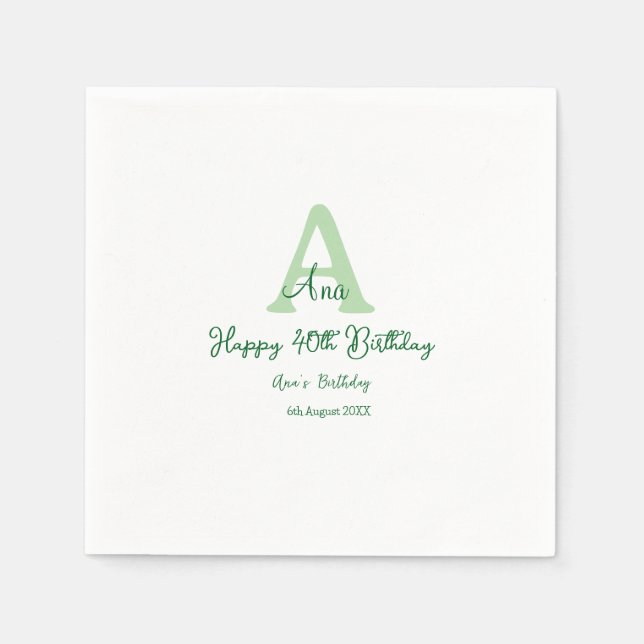grönten Lycklig 40-årsdag lägger till namn-monogra Pappersservett (Framsidan)