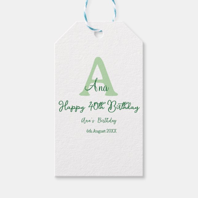 grönten Lycklig 40-årsdag lägger till namn-monogra Presentetikett (Framsidan)