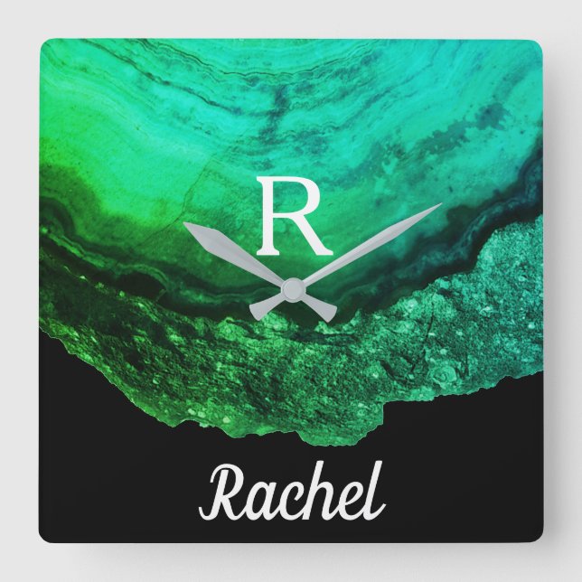 Grönten Mall för geode agate Monogram Initialer Na Fyrkantig Klocka (Framsida)