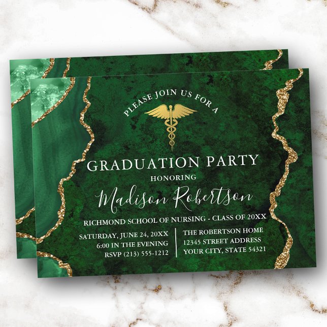 Grönten Marble Guld Medical Grad Party Inbjudningar (Customize to add text or a photo to back of card.)