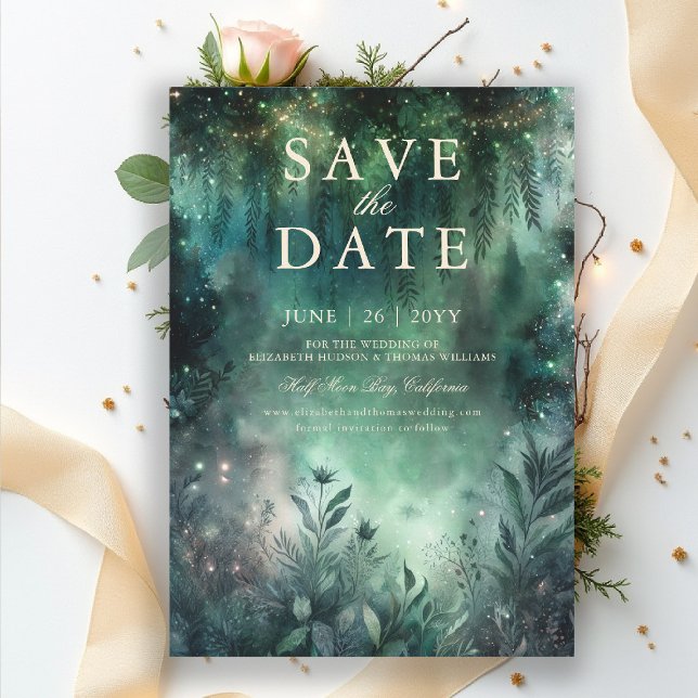 Grönten Mauve Bröllop spara datum Inbjudningar (enchanted forest save the date wedding emerald green gold fairytale fairy greenery woodland magic)