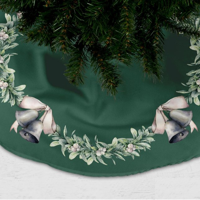 Grönten Mistletoe och Silver Bollar Julgransmatta Borstad Polyester (Mistletoe and Silver Bells Green Christmas tree skirt)