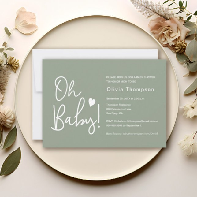Grönten Modern Baby Shower Sage Anpassningsbar Oh  Inbjudningar (Sage green, modern script Oh Baby! heart baby shower invitation)