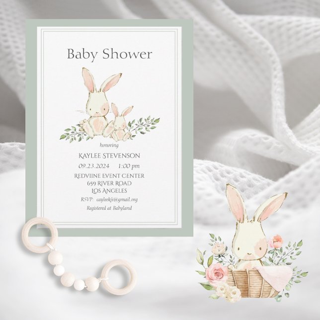 Grönten Modern babyutcheckningsinbjudan till Bunny Inbjudningar (Skapare uppladdad)