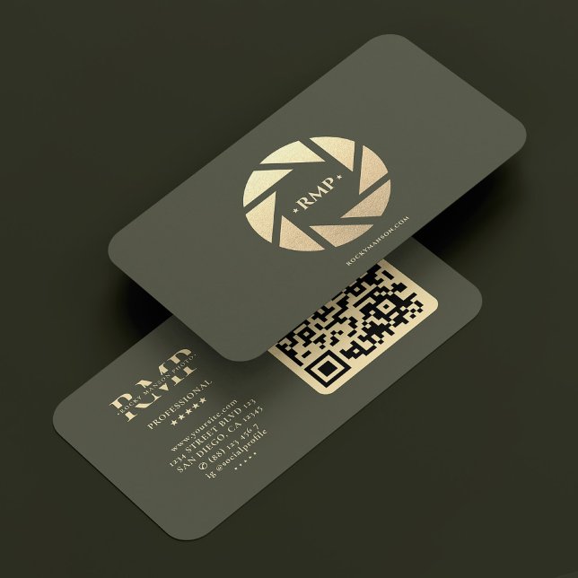 Grönten Modern för fotograf Guld Camera Lens Army  Visitkort (Photographer Gold Camera Lens Army Green Modern Business Card
)