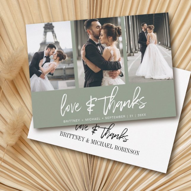 Grönten Modern handskriven Photo Collage Sage Tack Kort (Show your appreciation to your loved ones with an awesome photo thank-you card!)