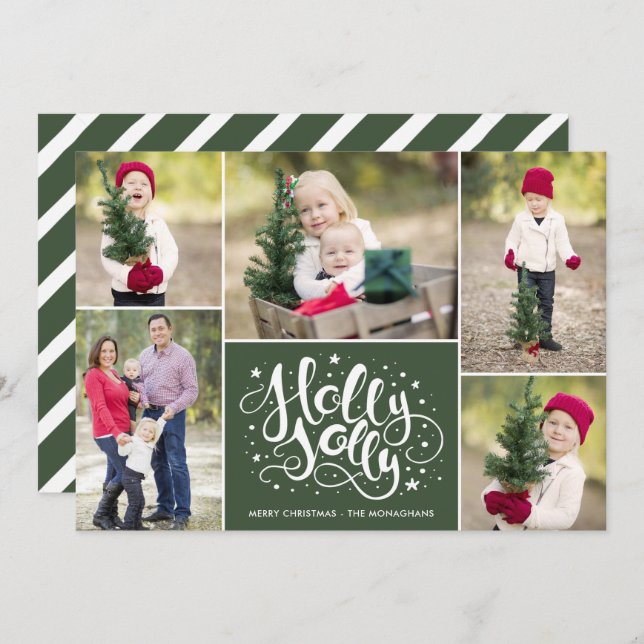 Grönten Modern Holly Jolly Photo Collage jul Julkort (Fram/baksida)