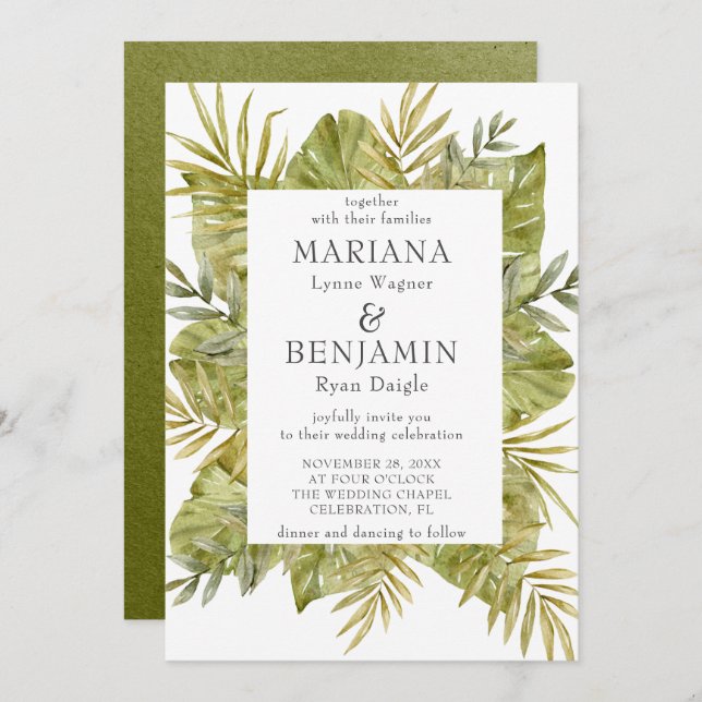Grönten Modern Tropical Lövs Sage Inbjudningar (Fram/baksida)