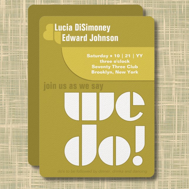 Grönten Modern we Do Geometric Typography Avocado Inbjudningar (Modern geometric "we do!" wedding invitation in olive and avocado green.)