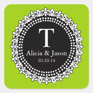 Grönten Monogram Fleur de Lis Wedding Favor Sticke Fyrkantigt Klistermärke